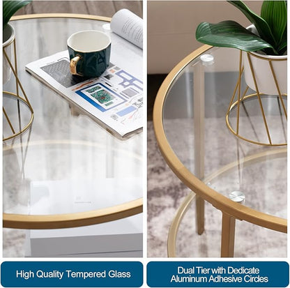 VINGLI 25.6" Round Gold Coffee Tables for Living Room, 2-Tier Glass Top Coffee Table with Storage Clear Coffee, Simple & Modern Center Table for Small Space