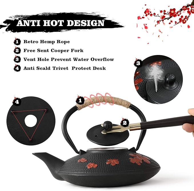 Japanese Style Cast Iron Teapot with 4 Tea Cups Trivet Tetsubin StovetopTea Kettle with Infuser Chinese Iron Tea Pot Tea Set for Adults Black (Pear Flower Pattern)