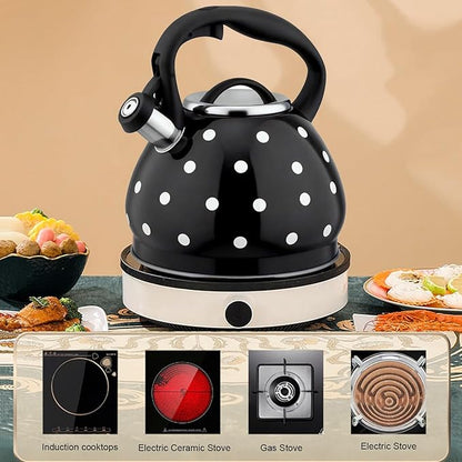 Tea Kettle Stovetop, Whistling Teapot 304 Stainless Steel 3.2 Quart Teakettle, Polka Dot Teapots for Stove Top, Whistle Tea Pot with Cool Touch Ergonomic Handle (Black/White, 3.2 Quarts)