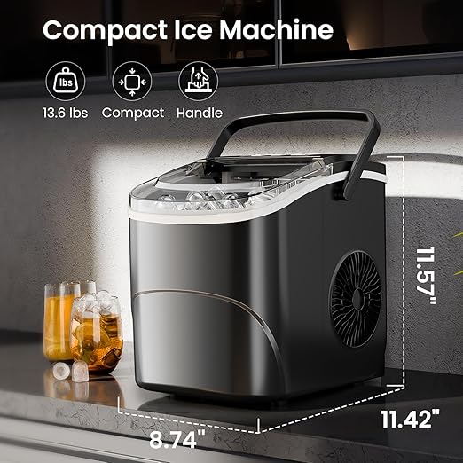AGLUCKY Ice Makers Countertop with Handle,26.5Lbs/24H,9 Cubes in 6 Mins,2 Sizes of Bullet Ice,Portable Machine with Self-Cleaning,Perfect for Home Kitchen(Black)