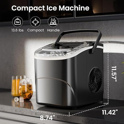 AGLUCKY Ice Makers Countertop with Handle,26.5Lbs/24H,9 Cubes in 6 Mins,2 Sizes of Bullet Ice,Portable Machine with Self-Cleaning,Perfect for Home Kitchen(Black)