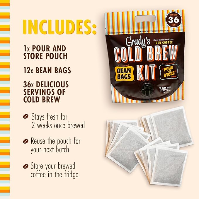 GRADY'S COLD BREW, French Vanilla, 100% Arabica Ground Coffee & Chicory Pouches, All-in-One Cold Brew Kit with 12 Easy-to-Brew Bags, Makes 36 Drinks