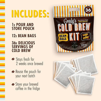 GRADY’S COLD BREW, New Orleans Style, 100% Arabica Ground Coffee & Chicory Pouches, 2 All-in-One Cold Brew Kits, each with 12 Easy-to-Brew Beans Bags, Makes 72 drinks