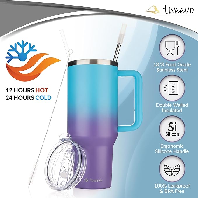 40 oz Tumbler With Handle and Straw Made of Stainless Steel - Double Wall Vacuum Insulated Tumbler With Lid - Sweat Proof Easy Grip, BPA-Free, Dishwasher Safe Tumbler (Misty Blue)