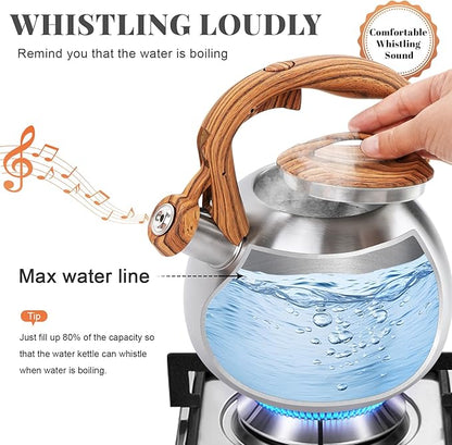 GGC Tea Kettle for Stove Top, 3.1QT/3L Whistling Tea Kettles for Boiling Water Coffee or Milk, Stainless Steel kettle Pot with Wood Parttern Handle for Home and Kitchen