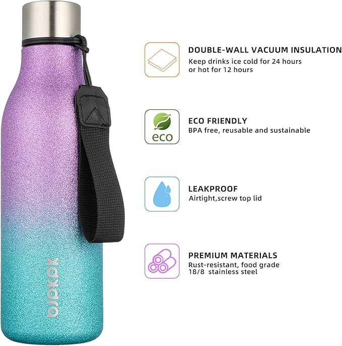 BJPKPK Insulated Water Bottles, 18 oz Stainless Steel Metal Water Bottle with Strap, BPA Free Leak Proof Jugs,Mugs,Flasks, Reusable Thermal Flasks for Sports & Travel,Sparkling Purple Green