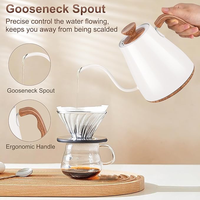 Gooseneck Electric Kettle, Intelligent Temperature Control, Stainless Steel Inner, Quick Heating, for Pour Over Coffee, Brew Tea, Boil Hot Water, 1000W 0.9L Cream White