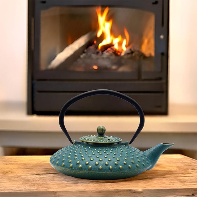 27.1oz Small Cast Iron Teapot,SECHUDO Tea Kettle Coated with Enameled Interior for Stovetop Safe, Japanese Style Cast Iron Teapot with Stainless Steel Infuser for Loose Tea,Flat Pattern(800ml)