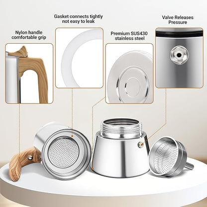 No Coating 4 Cup Moka Pot Thickened 304 Stainless Steel Stovetop Espresso Coffee Maker 200ml 6.8oz Mocha Percolator Greca Cuban Ideal for Making Rich Authentic Italian Café