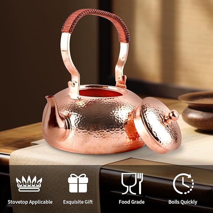 Copper Tea Kettle, Stovetop Teapot with Infuser for Loose Tea, 2000ml Handmade Hammered Kettle, Copper Tea Pot with Infuser, for Gas and Electric Stoves