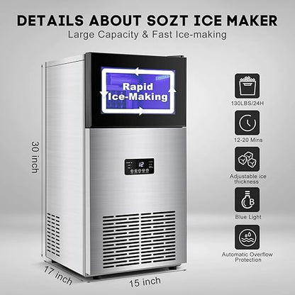 130LBS/24H Commercial Ice Maker Machine with 35LBS Capacity - Stainless Steel Undercounter/Freestanding Ice Cube Maker for Home Bar & Outdoor Use - Automatic Operation