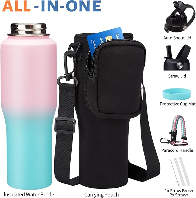 Insulated Water Bottle 32OZ That Fits in Cup Holder - Stainless Steel Water Bottle with Straw & Spout Lids, Paracord Handle, Carrying Case with Strap, Double Wall Vacuum Thermo Coffee Mug