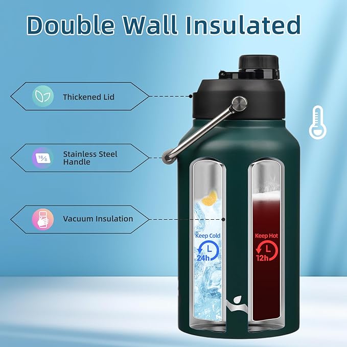 Jug with Handle,87 oz Insulated Water Bottle with Carrying Pouch, Double Wall Vacuum Stainless Steel Metal Bottle,Dark Green