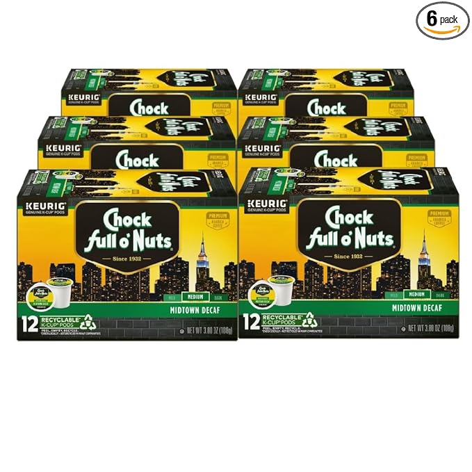 Chock full o’Nuts Midtown Decaf Keurig K-Cup Pods for Keurig Brewers – Premium Arabica, Medium Roast – Single Serve – 6 Packs of 12 K-Cup Pods