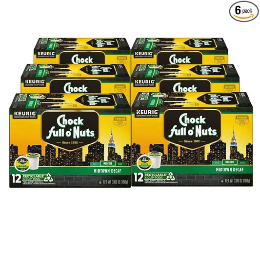 Chock full o’Nuts Midtown Decaf Keurig K-Cup Pods for Keurig Brewers – Premium Arabica, Medium Roast – Single Serve – 6 Packs of 12 K-Cup Pods