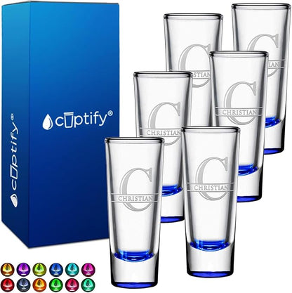 Personalized Shot Glasses Set of 6 Blue Bottom Custom 2 oz Cordial Shot Glass Initial and Name for Gifts, Weddings, Birthdays, Party, Event, Decorations