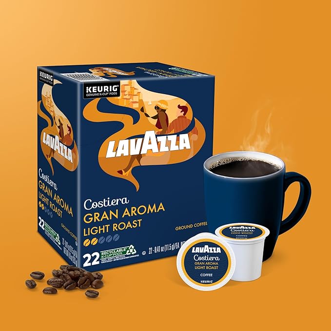 Lavazza Costiera Gran Aroma, Single-Serve Keurig K-Cup Pods, Light Roast Coffee, 88-Count Box (4 Packs of 22)