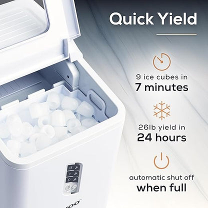 Igloo Automatic Portable Electric Countertop Ice Maker Machine, 26 Pounds in 24 Hours, 9 Cubes Ready in 7 Minutes, with Scoop and Basket, Perfect for Water Bottles, Mixed Drinks, Parties, White