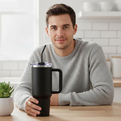 COKTIK 40 oz Tumbler With Handle and Straw Lid, Vacuum Insulated Travel Coffee Mug Stainless Steel Insulated Cup for Beverages, Leak-proof, Cupholder Friendly (Black)