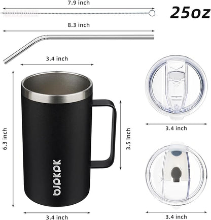 BJPKPK Insulated Coffee Mug with 2 Lids, 25oz Stainless Steel Insulated Tumbler with Handle, Double Wall Vacuum Coffee Cups, BPA Free Travel Mug for Coffee, Tea and Drinks, Black
