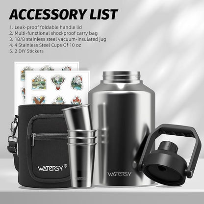 1 Gallon Water Bottle Insulated Comes with Four Stainless Steel Cups and DIY Stickers,BPA Free&Leak Proof,128oz Stainless Steel Water Jug,Big thermo with Handle for Gym,Hiking,Camping&Travel