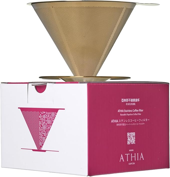 ATHIA Golden Stainless Steel Reusable Coffee Filter, Pour Over Cone Dripper with Fine Mesh, Paperless & Eco-Friendly Design, Fits Most Mugs, Carafes & Coffee makers (Golden, Standard)