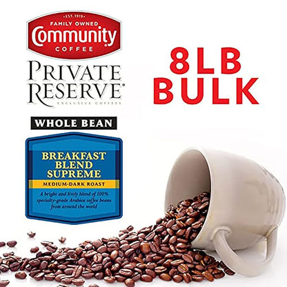 Community Coffee Private Reserve Breakfast Blend Supreme Whole Bean Coffee, Medium Roast, 32 Ounce Bag (Pack of 4)