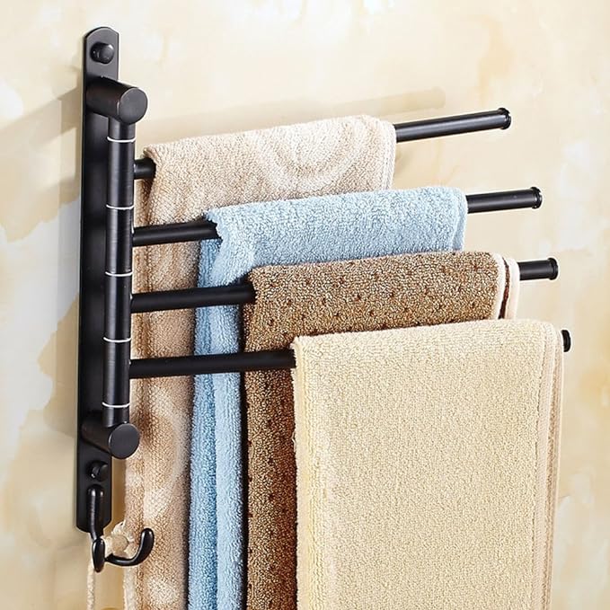 ELLO&ALLO Oil Rubbed Bronze Towel Bars for Bathroom Wall Mounted Swivel Towel Rack Holder with Hooks 4-Arm