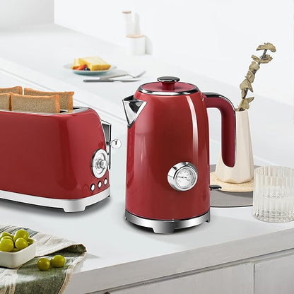 SUSTEAS Electric Kettle - 57oz Hot Tea Water Boiler with Thermometer, 1500W Fast Heating Stainless Steel Pot, Cordless LED Indicator, Auto Shut-Off & Boil Dry Protection, Red