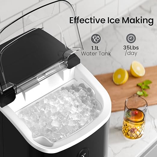 Nugget Ice Maker Countertop with Self-Cleaning Function, Sonic Ice Machine with Handle, 35Lbs/24H, Compact Design for Home/Office Use(Black)