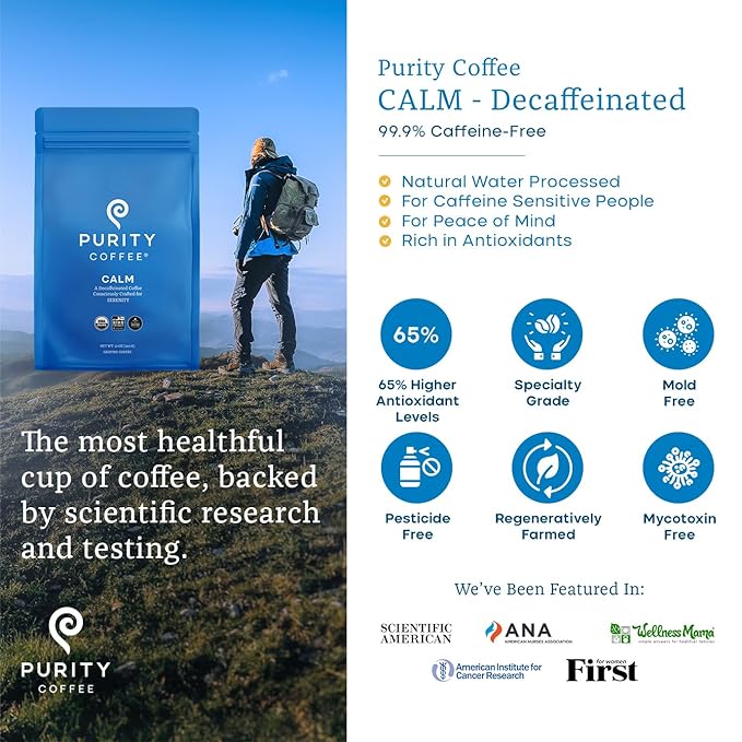Purity Coffee CALM Decaf Ground Coffee - Natural Water Decaffeinated Coffee - USDA Organic and Third-Party Tested for Antioxidants, Mold, Mycotoxins and Pesticides - 12oz (Purity Calm, medium_roast) | Ground| CALM