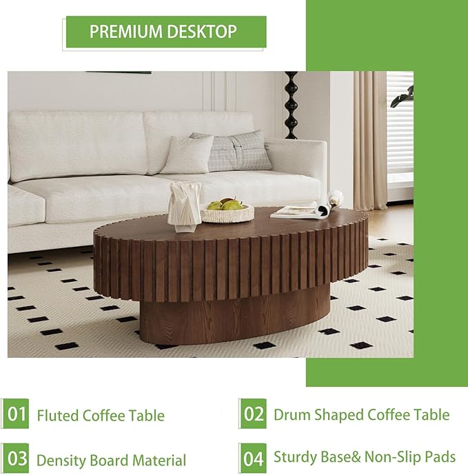 Handmade Wood Oval Coffee Table - Contemporary Style for Living Room, Pedestal Design & Easy Assembly (Walnut)