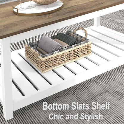 FOLUBAN Farmhouse Coffee Table with Storage Shelf, Rustic Vintage Wood Cocktail Table for Living Room, White