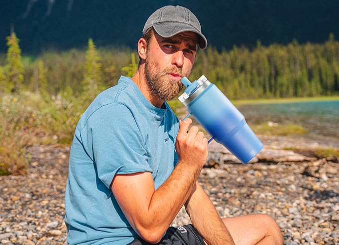 Meoky 40oz Tumbler with Handle, Stainless Steel Travel Mug with 2-in-1 Straw and Sip Lid, Vacuum Insulated Coffee Mug, 100% Leak Proof, Keeps Cold for 34 Hours or Hot for 10 Hours (Flamingo)