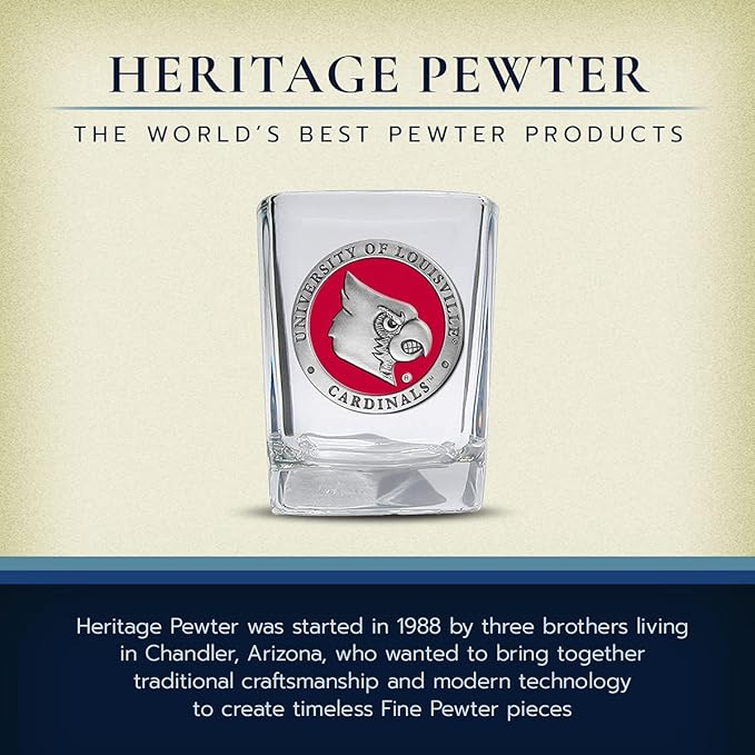 Heritage Pewter Louisville Square Shot Glass | Hand-Sculpted 1.5 Ounce Shot Glass | Intricately Crafted Metal Pewter Alma Mater Inlay
