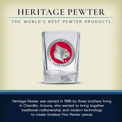 Heritage Pewter Louisville Square Shot Glass | Hand-Sculpted 1.5 Ounce Shot Glass | Intricately Crafted Metal Pewter Alma Mater Inlay