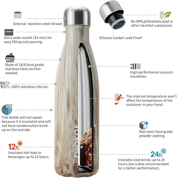 BJPKPK 17 oz Stainless Steel Insulated Water Bottle Cola Shape Big Water Bottles for Travel,Wood Yellow Gray