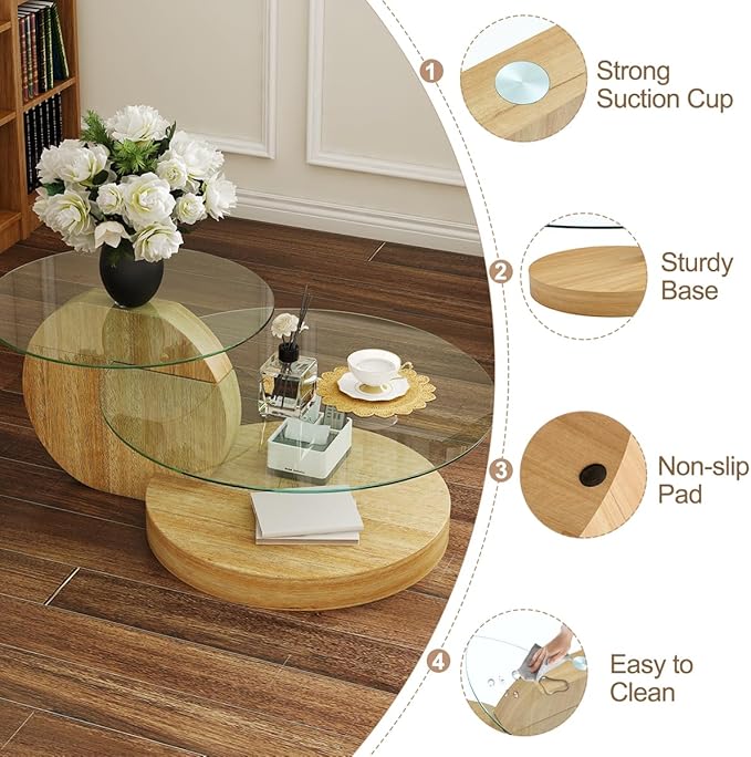 42 Inch Glass Coffee Table，Round Coffee Table with 2-Tier Tempered Glass Tabletop，Easy to Clean Circle Coffee Table with Sturdy Base for Living Room，Office （Wood-Colored Base）