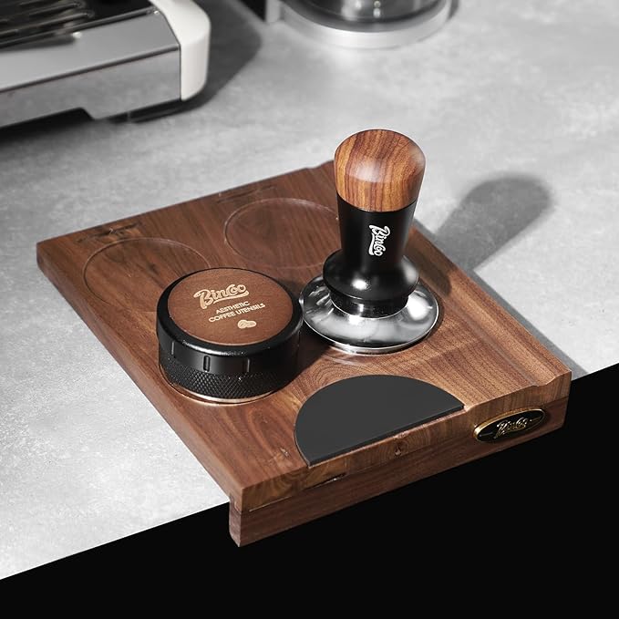 Bincoo Wooden Corner Coffee Tamper Mat,Espresso Tamper Station,Suit for 51-58mm Coffee Tamper Holder Pad for Baristas Protect Your Worktop (Brown)