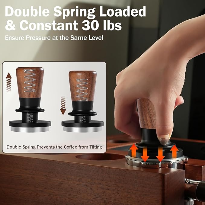 PUSEE 58mm Espresso Tamper, Calibrated Tamper with 30lbs Double Spring Loaded Tamper Walnut Wood Coffee Tamper for Barista Home,Stainless Steel Base Tamper Espresso Tool Fits 58 Portafilters