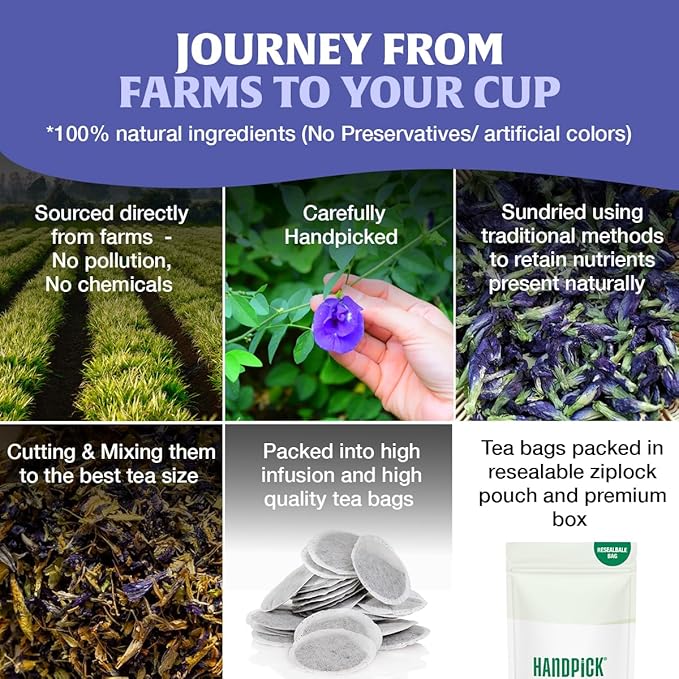 HANDPICK, Butterfly Pea Flower Tea (100 Herbal Tea Bags) | Caffeine Free, Non GMO | Premium Dried Butterfly Pea Flowers For Blue & Purple Drinks, Food Coloring | Iced Teas, Coolers, Cocktails