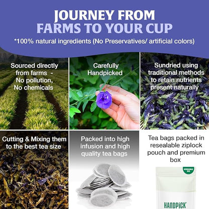 HANDPICK, Butterfly Pea Flower Tea (100 Herbal Tea Bags) | Caffeine Free, Non GMO | Premium Dried Butterfly Pea Flowers For Blue & Purple Drinks, Food Coloring | Iced Teas, Coolers, Cocktails