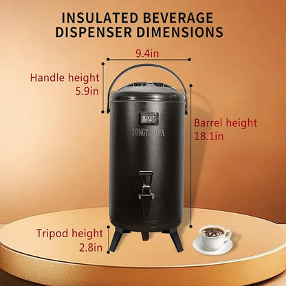 Insulated Beverage Dispenser, 12L/3.2gallon 304 thickened food-grade stainless steel Hot Drink Dispenser, Hot&Cold water urn with thermometer faucet for hot tea&coffee, cold milk, water, juice(Black)