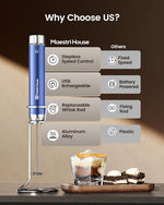 Load image into Gallery viewer, Maestri House Rechargeable Milk Frother with Stepless Speed Control, Handheld Electric Foam Maker Waterproof Drink Mixer Foamer with Stainless Steel Stand &amp; Detachable Whisks for Lattes, Cappuccino