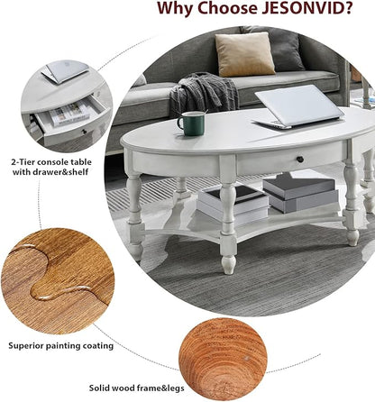 Solid Wood Oval Coffee Table with Drawer and Storage Shelf, 44.9" Traditional Retro Center Table Polished Edging Cocktail Tea Table for Living Room Bedroom Home, Antique White