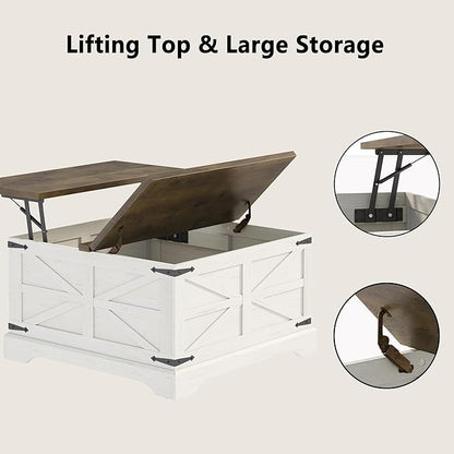 Furnideco 35.5''W Square Coffee Table Farmhouse Lift top Coffee Table with Large Hidden Storage, Wood Center Table for Living Room, Home Office, Brown Top
