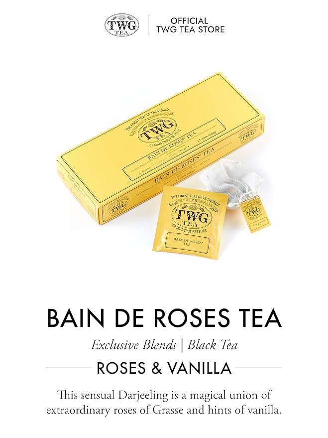 TWG Tea | Bain de Roses Tea | Black Tea | Rosebuds & Rose Petals | 15 Hand Sewn Cotton Teabags | Gift Set
