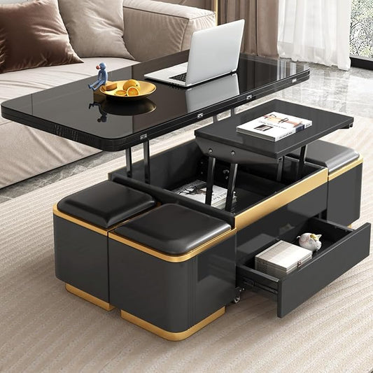 Multifunctional Lift Top Coffee Table, Extendable Coffee Table with 4 Storage Stools, Space Saving Folding Dining Table for Living Room, Office, Small Space