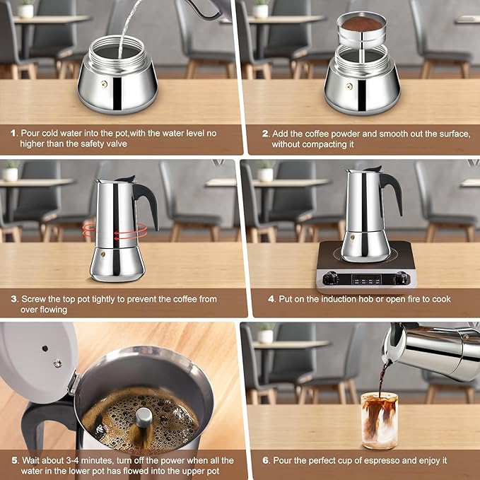 6 Cup Stovetop Espresso Maker Stainless Steel Moka Pot Stove Top Percolator Italian Coffee Makers Capable Mocha Greca Machine Cafe Classic Induction Cookers for Home and Camping 300ml 10oz
