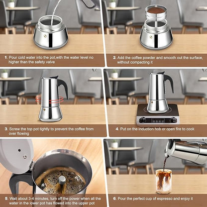 9 Cup Stovetop Espresso Maker Stainless Steel Moka Pot Stove Top Percolator Italian Coffee Makers Capable Mocha Greca Machine Cafe Classic Induction Cookers for Home and Camping 450ml 15oz